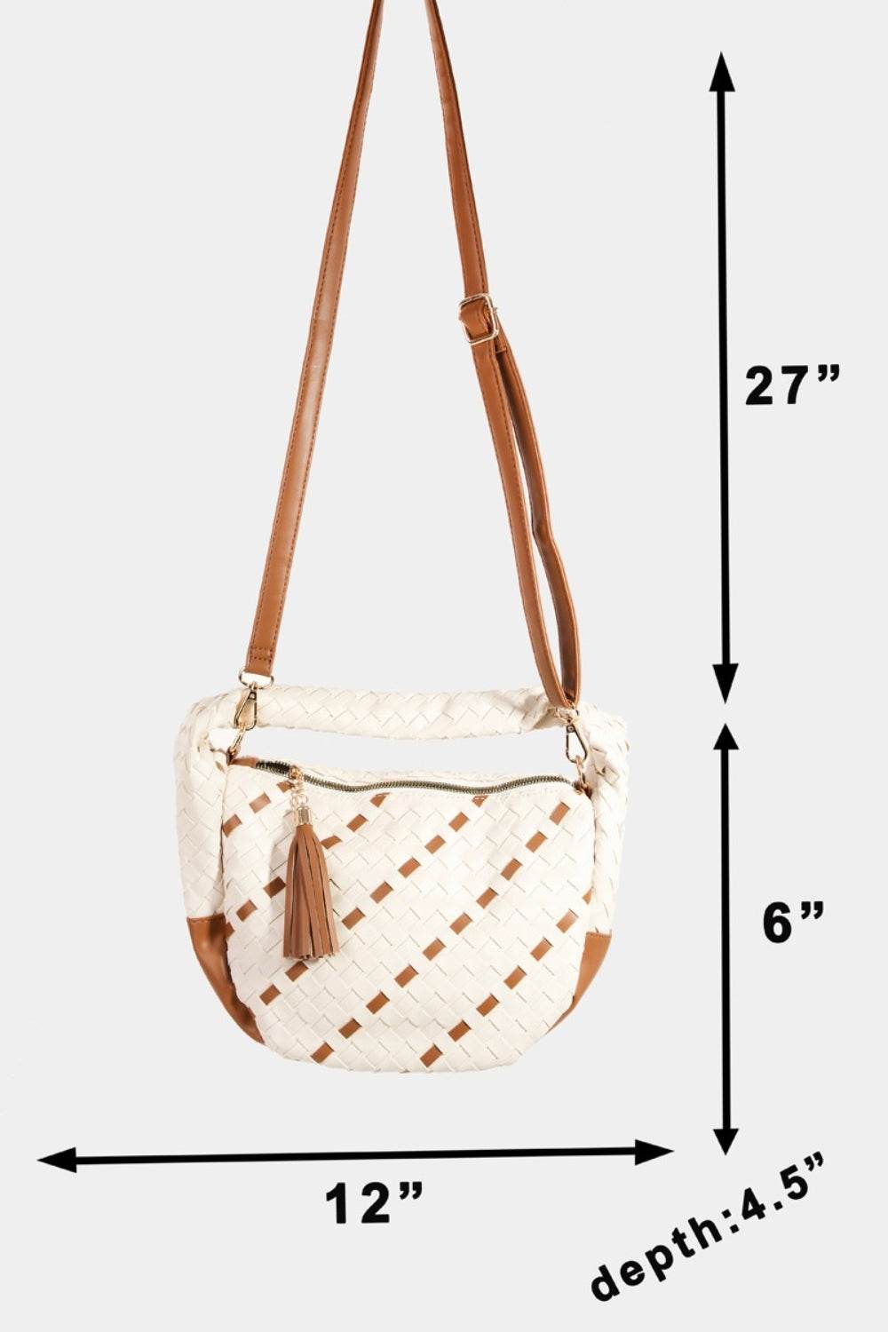 Fame Tassel Detail Weave Semi Circle Bag in faux leather with basket weave design, small size.