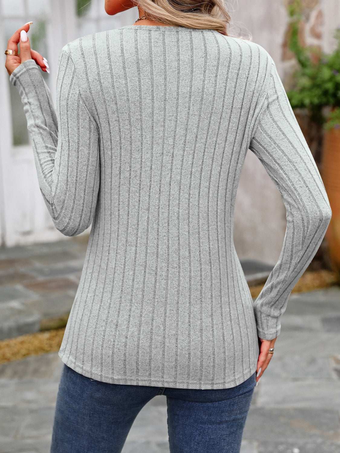 Decorative Button Round Neck Long Sleeve T-Shirt Gray