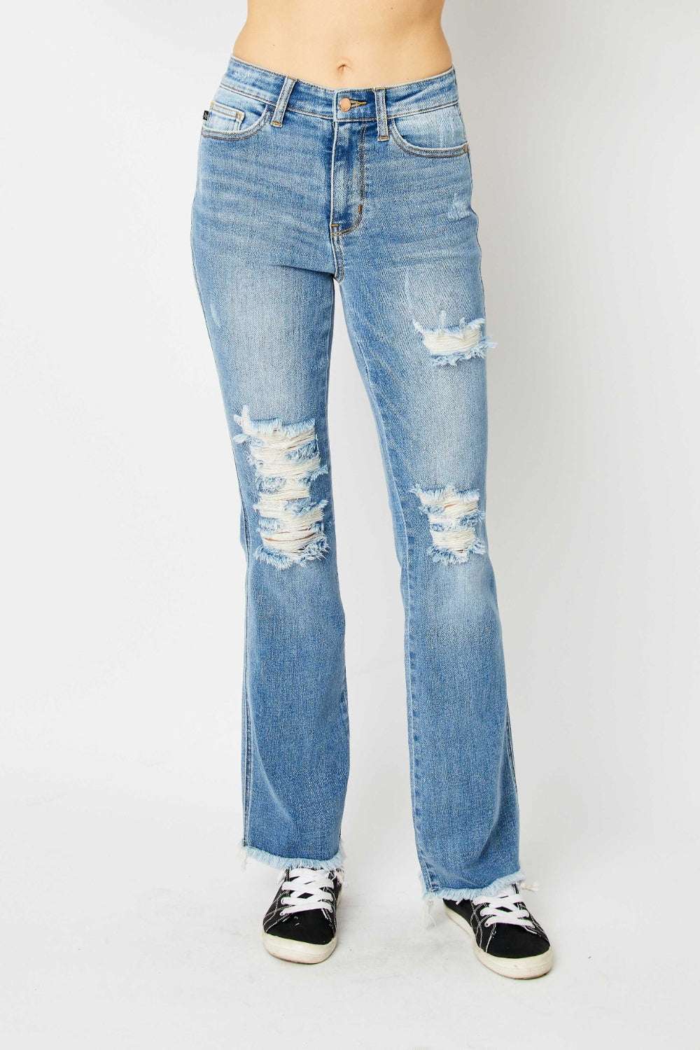 Judy Blue Full Size Distressed Raw Hem Bootcut Jeans with edgy distressing and versatile bootcut style.