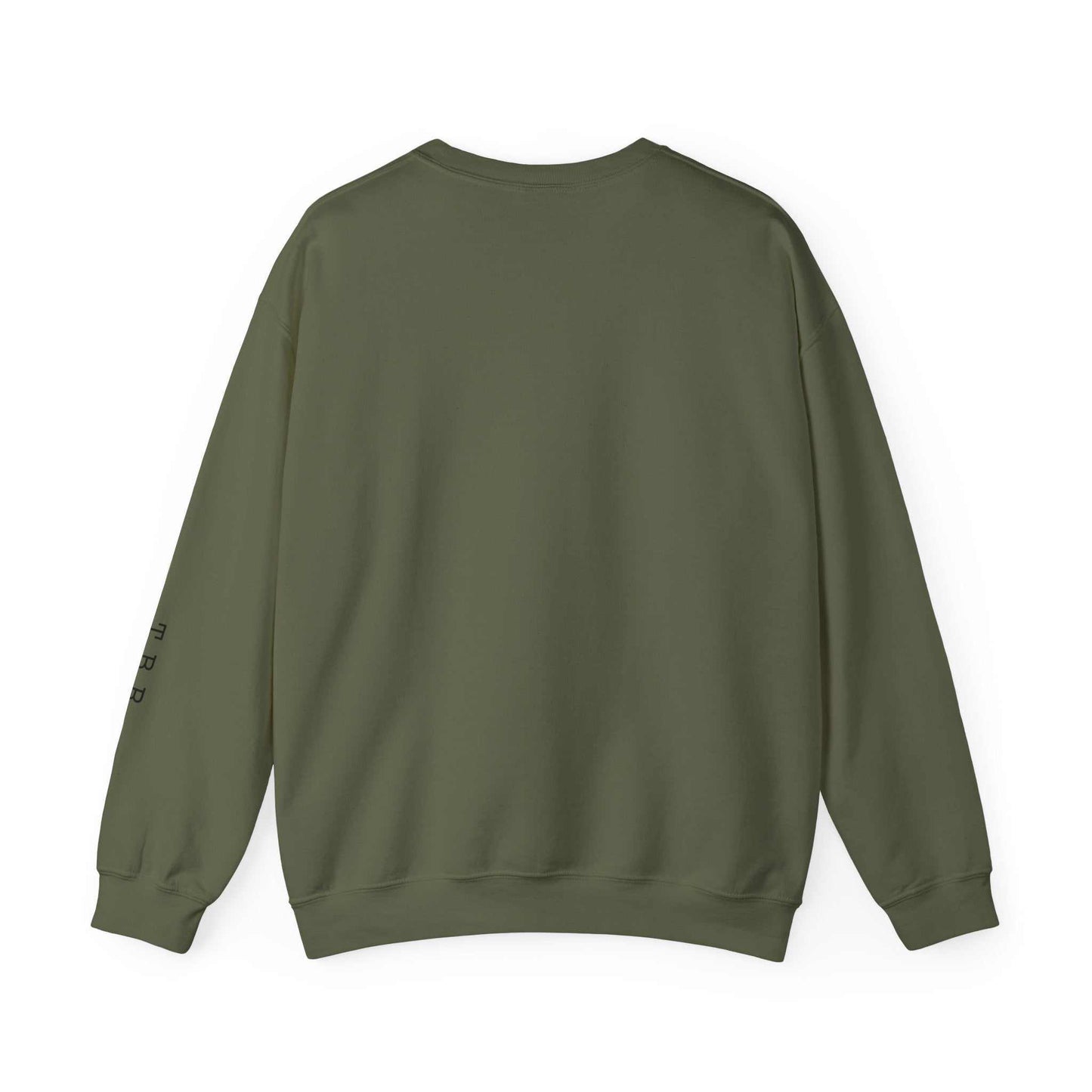 Olive "Tsundoku" crewneck sweatshirt for book lovers with T.B.R. initials on sleeve.