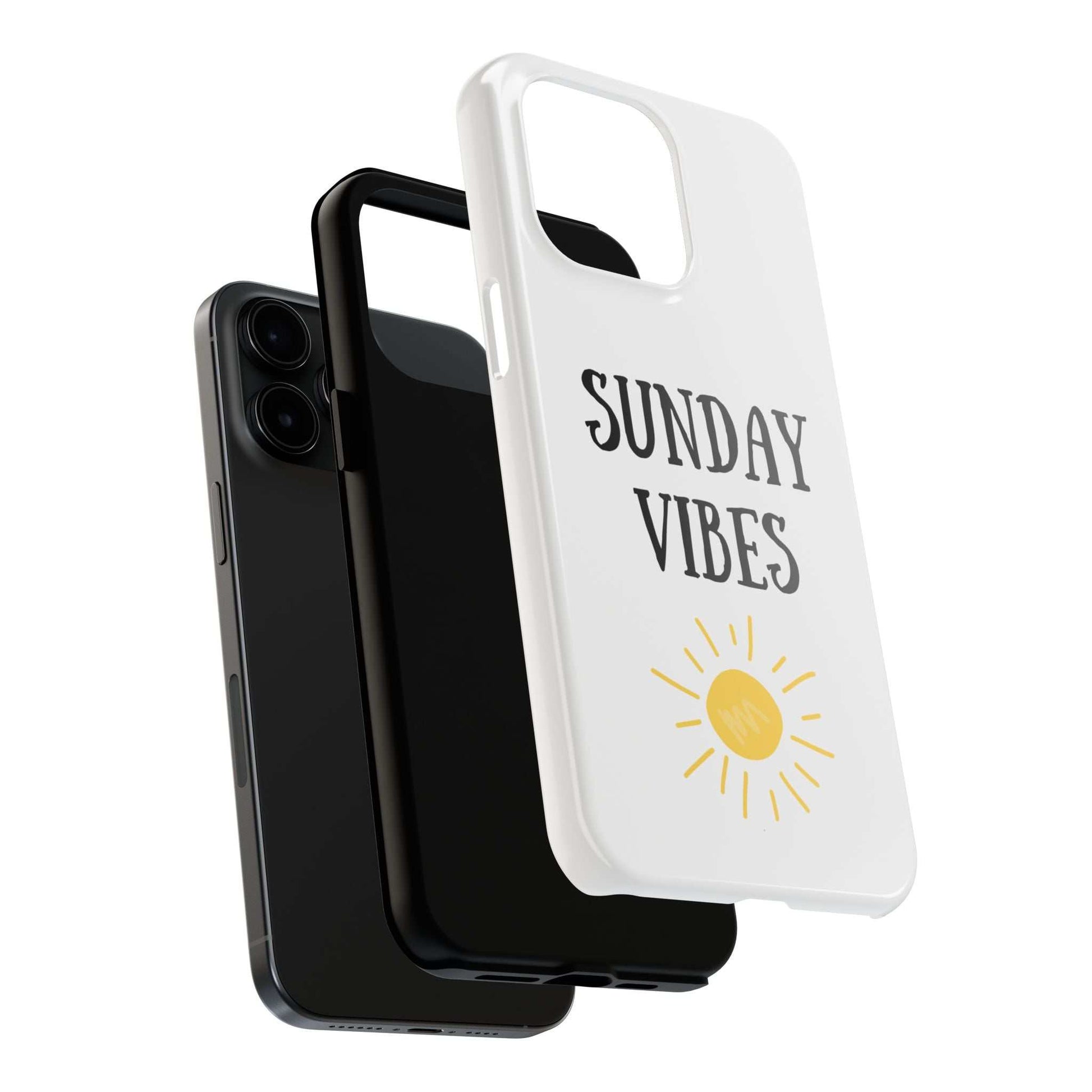 Phone case with 'Sunday Vibes' sun graphic design, durable Lexan plastic, glossy finish.