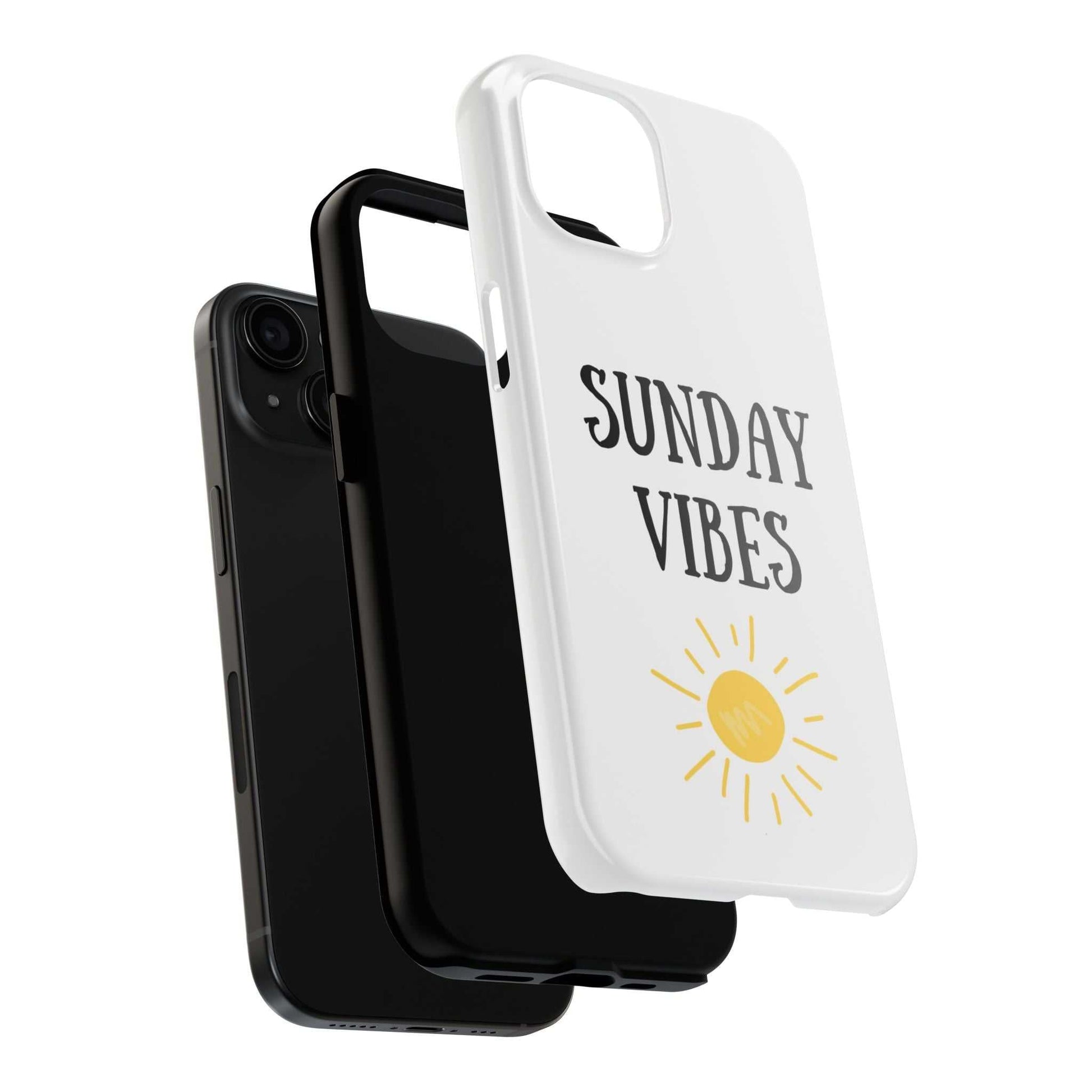 Phone case with 'Sunday Vibes' sun design, durable Lexan plastic, relaxed atmosphere.