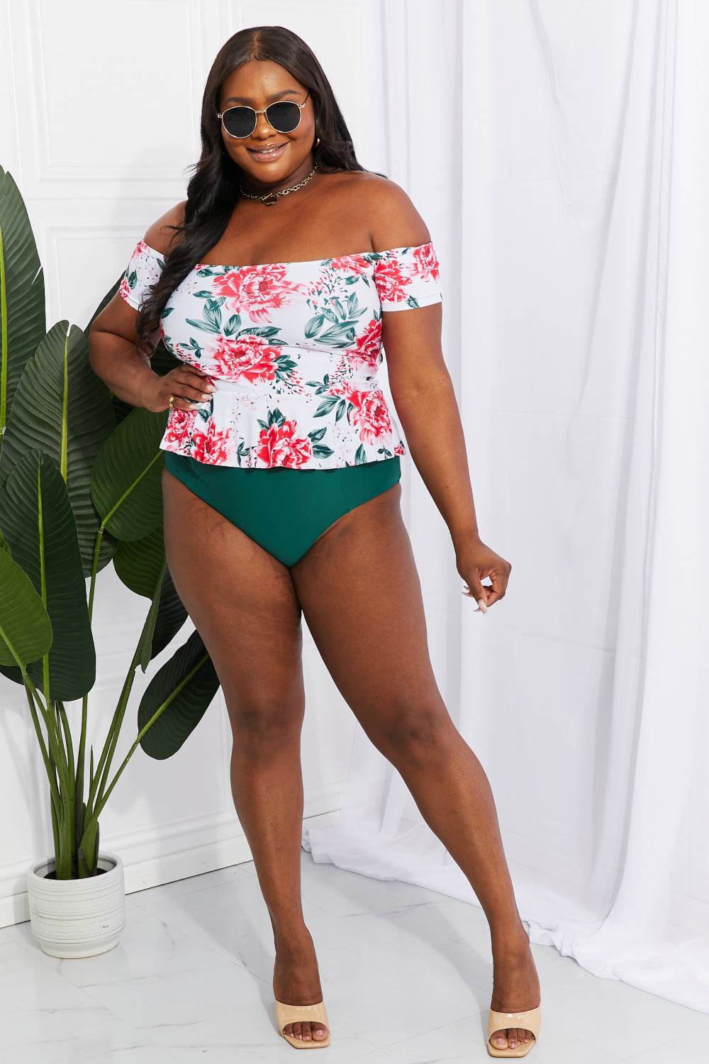 Marina West Swim Coastal Cutie off-shoulder floral tankini set with high-waisted bottom.