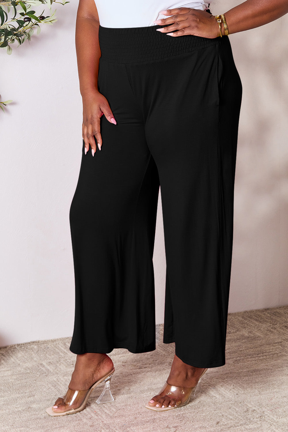 Basic Bae Full Size Smocked Wide Waistband Wide Leg Pants