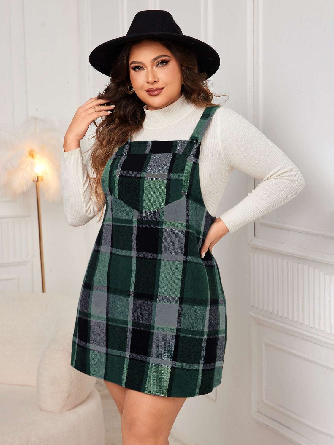 Honey Plus Size Plaid Wide Strap Overall Dress Dark Geen