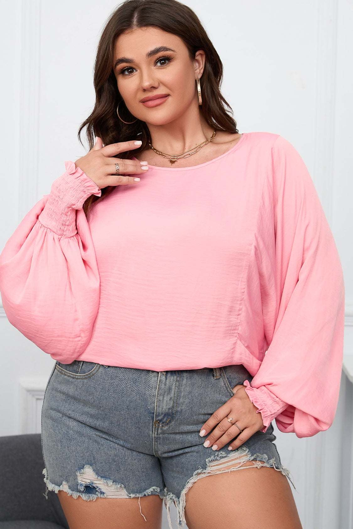 Plus Size Lantern Sleeve Dropped Shoulder Blouse Blush Pink