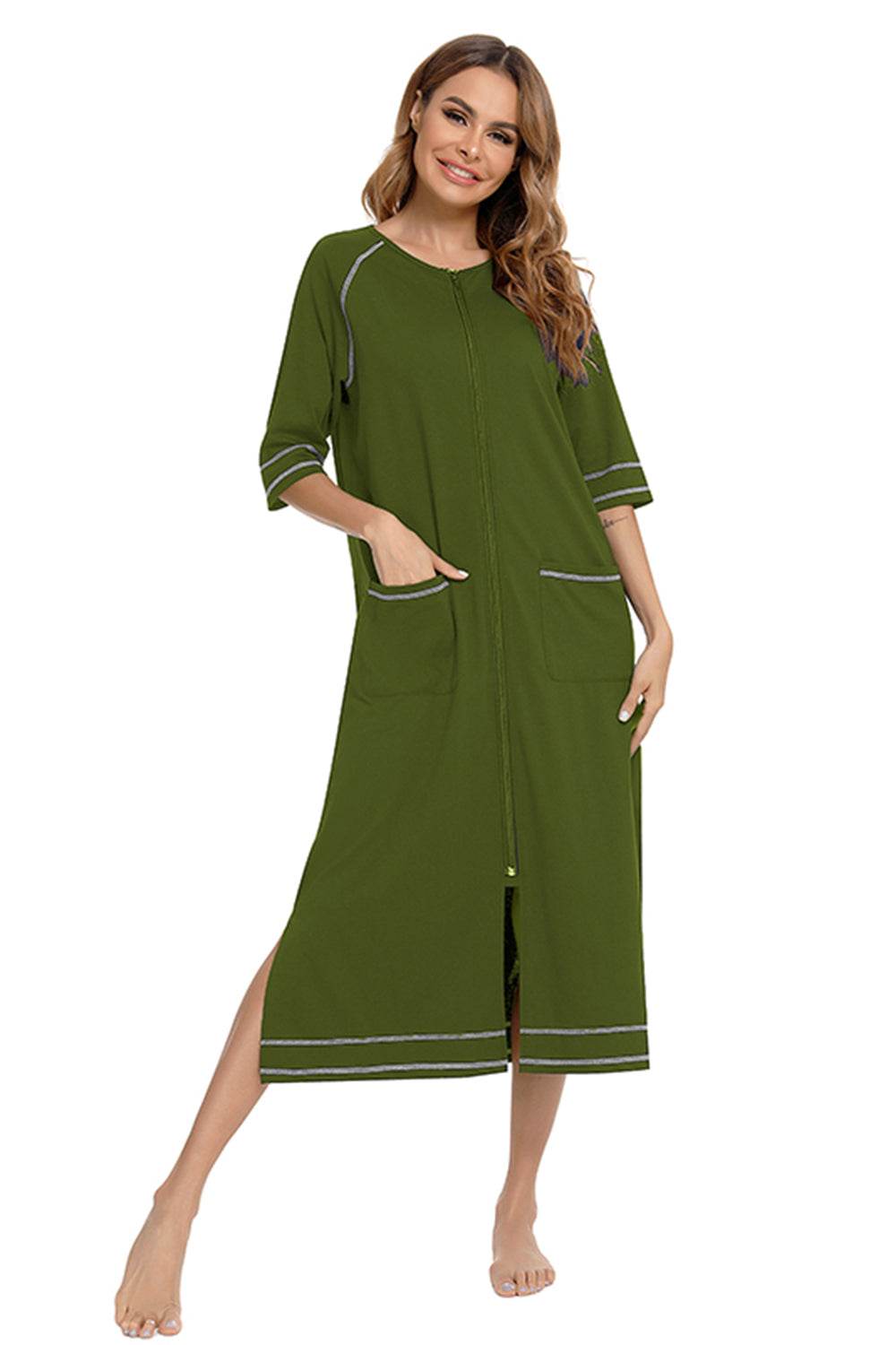 Zip Up Slit Round Neck Night Dress with Pockets in green, featuring slit and pocket design, made of cotton, polyester, and spandex.