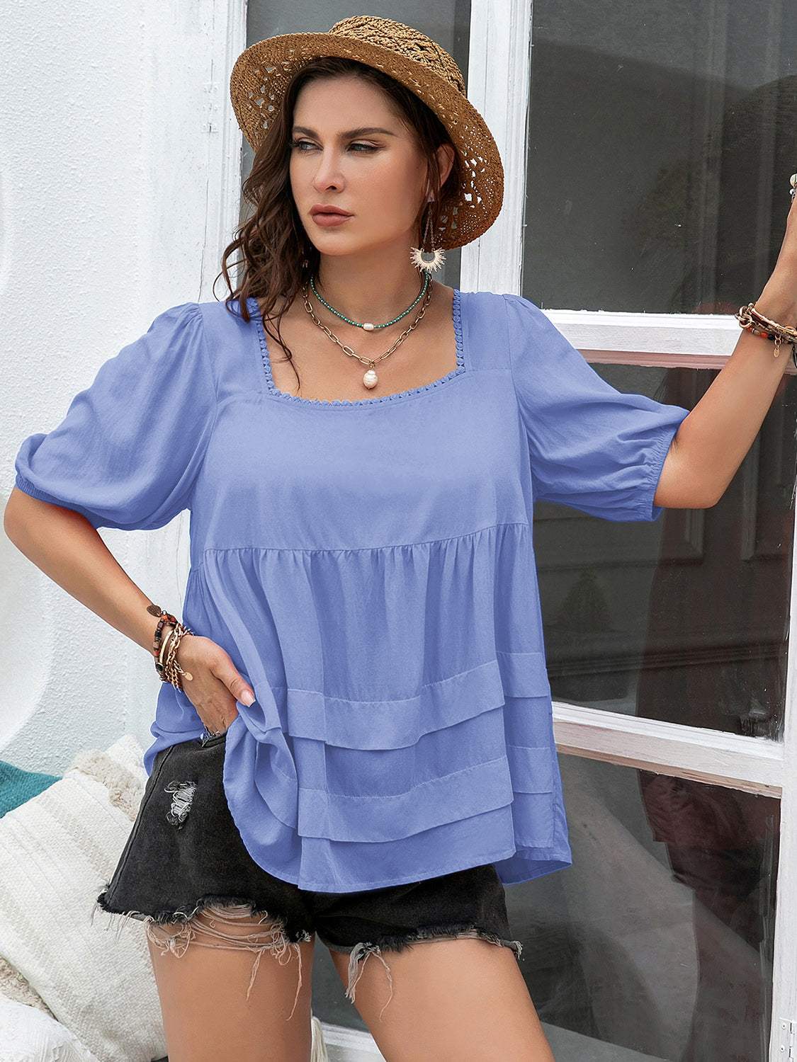 Plus size square neck half sleeve blouse in blue, featuring ruched design, 100% viscose material.