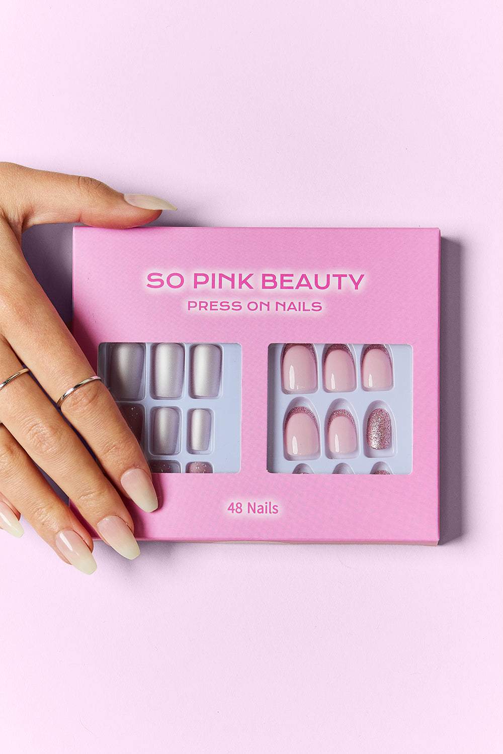 SO PINK BEAUTY Press On Nails 2 Packs with 48 pieces, showcasing chic, versatile designs for easy application and a salon-worthy finish.