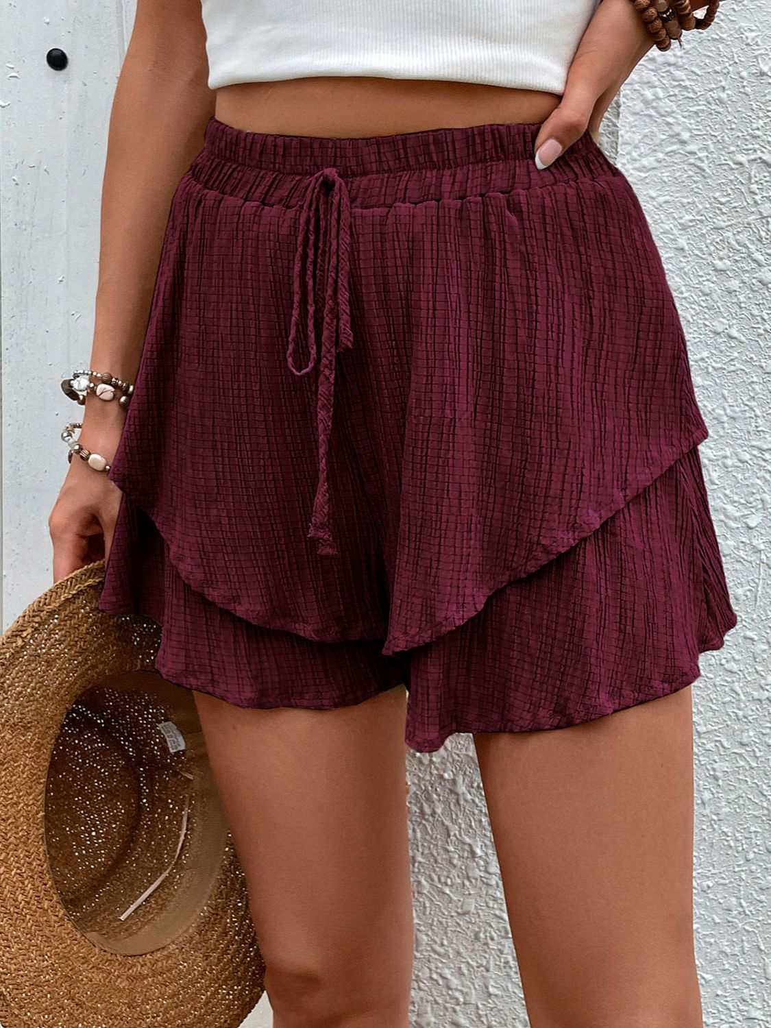 Perfee Tied Layered High Waist Shorts in burgundy with ruffled design.