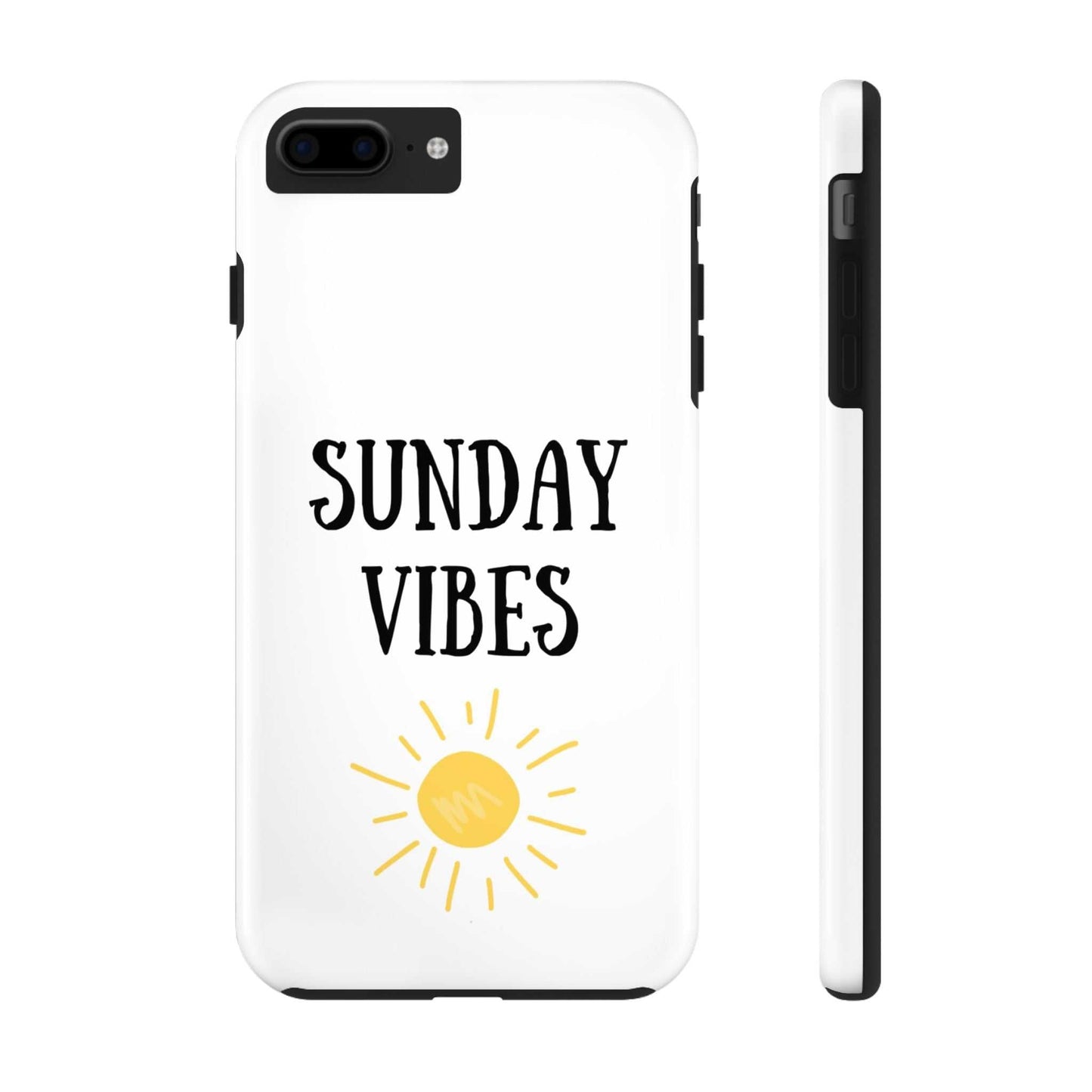 Sunday Vibes phone case with sun graphic design, durable Lexan plastic, glossy finish.