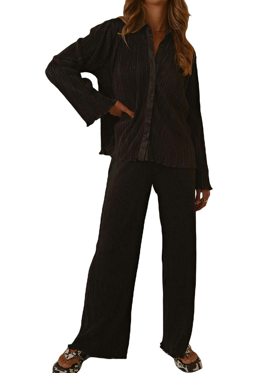 Collared Neck Long Sleeve Top and Pants Lounge Set in black.