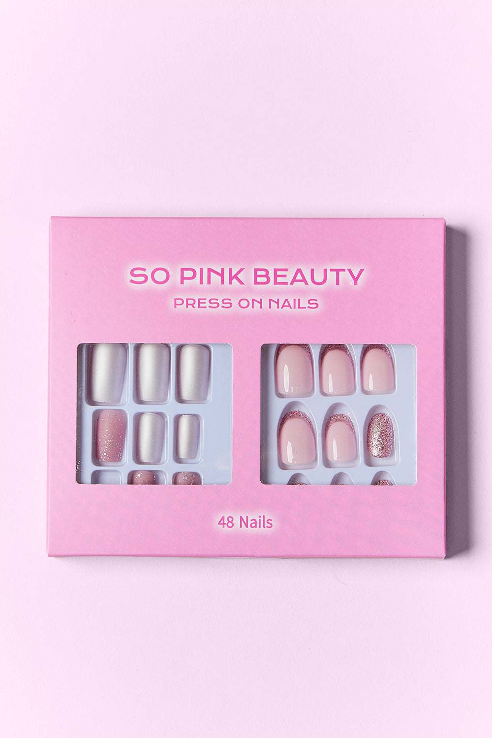 SO PINK BEAUTY Press On Nails 2 Packs with 48 pieces, featuring chic designs on a pink background.