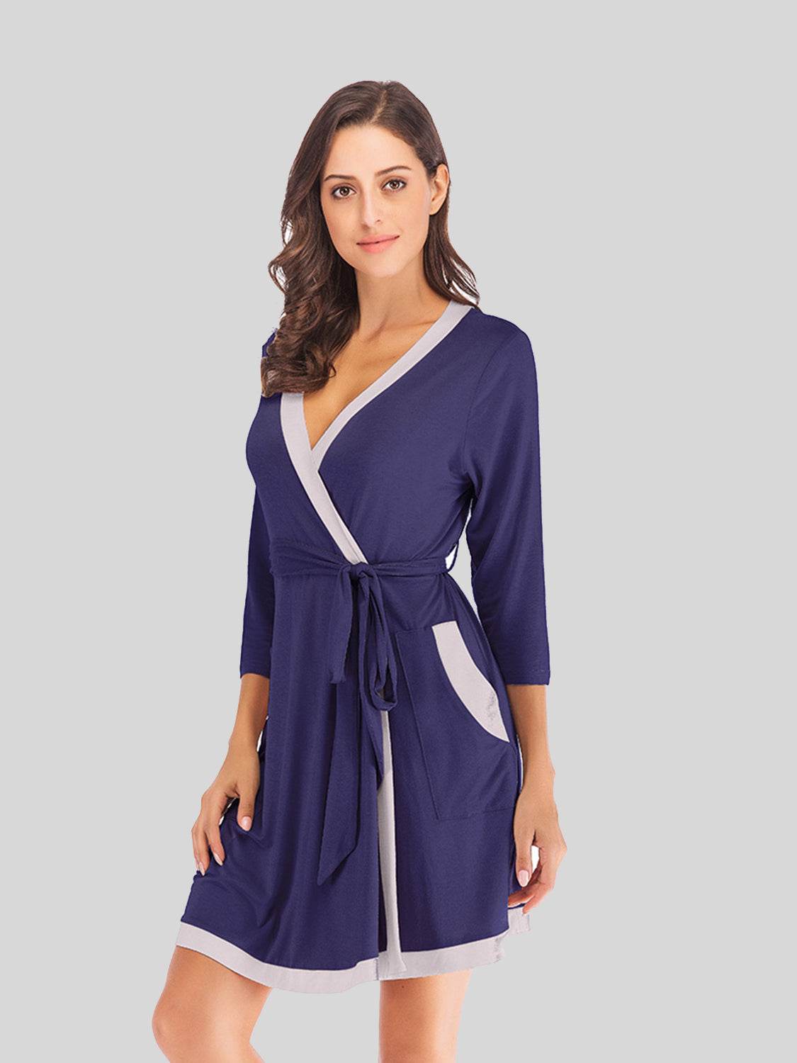 Tie Waist Surplice Neck Robe with Pockets in navy, featuring slightly stretchy cotton-spandex blend.