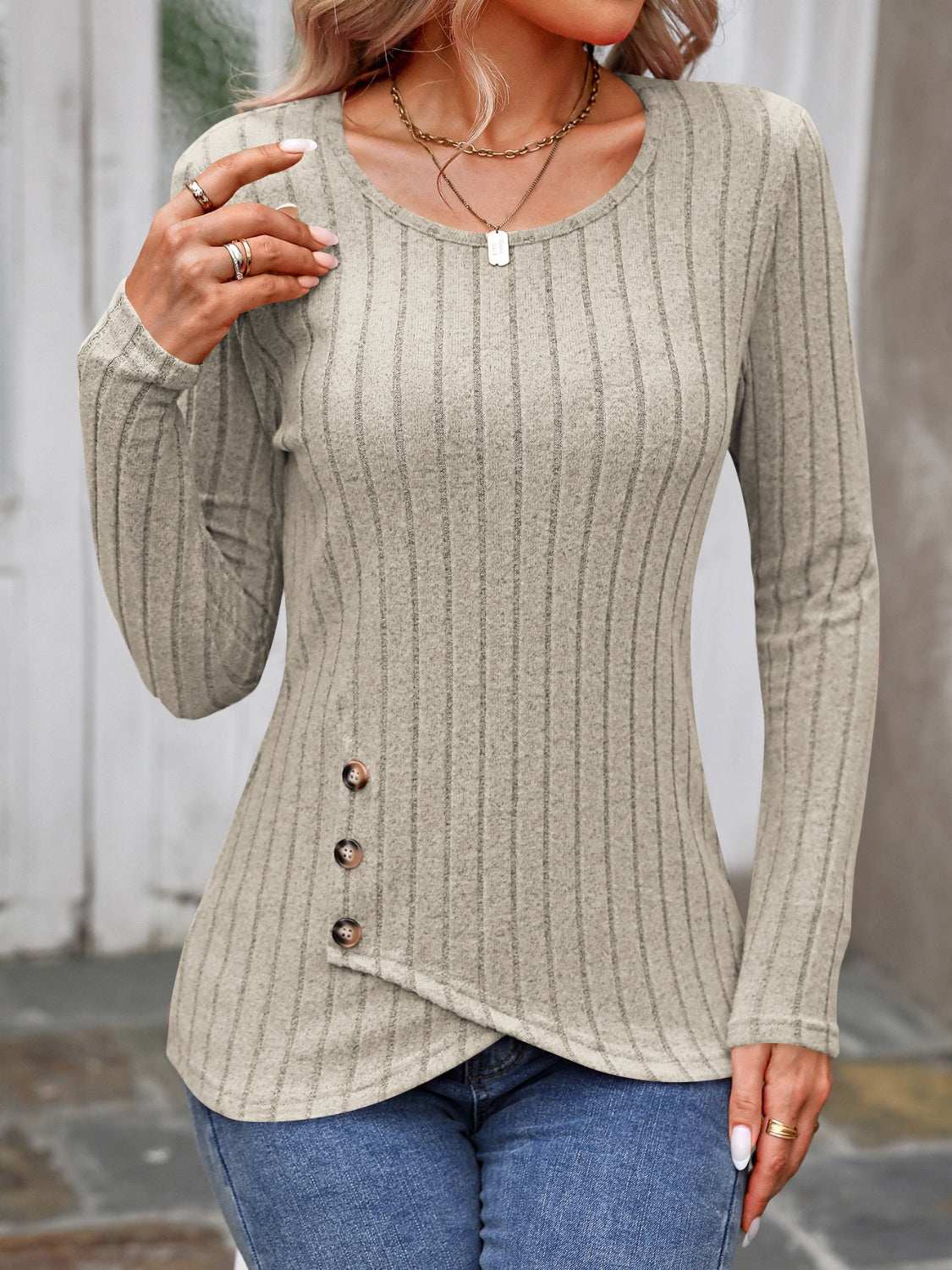 Decorative Button Round Neck Long Sleeve T-Shirt Khaki