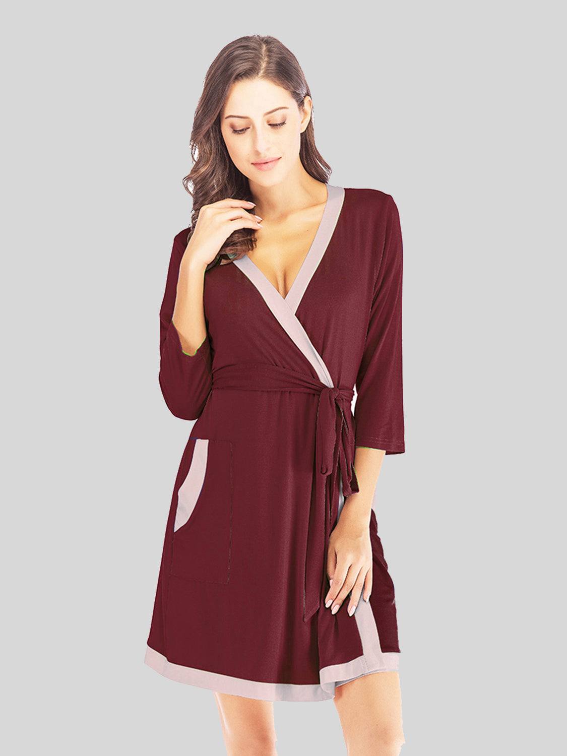 Tie Waist Surplice Neck Robe with Pockets in burgundy.