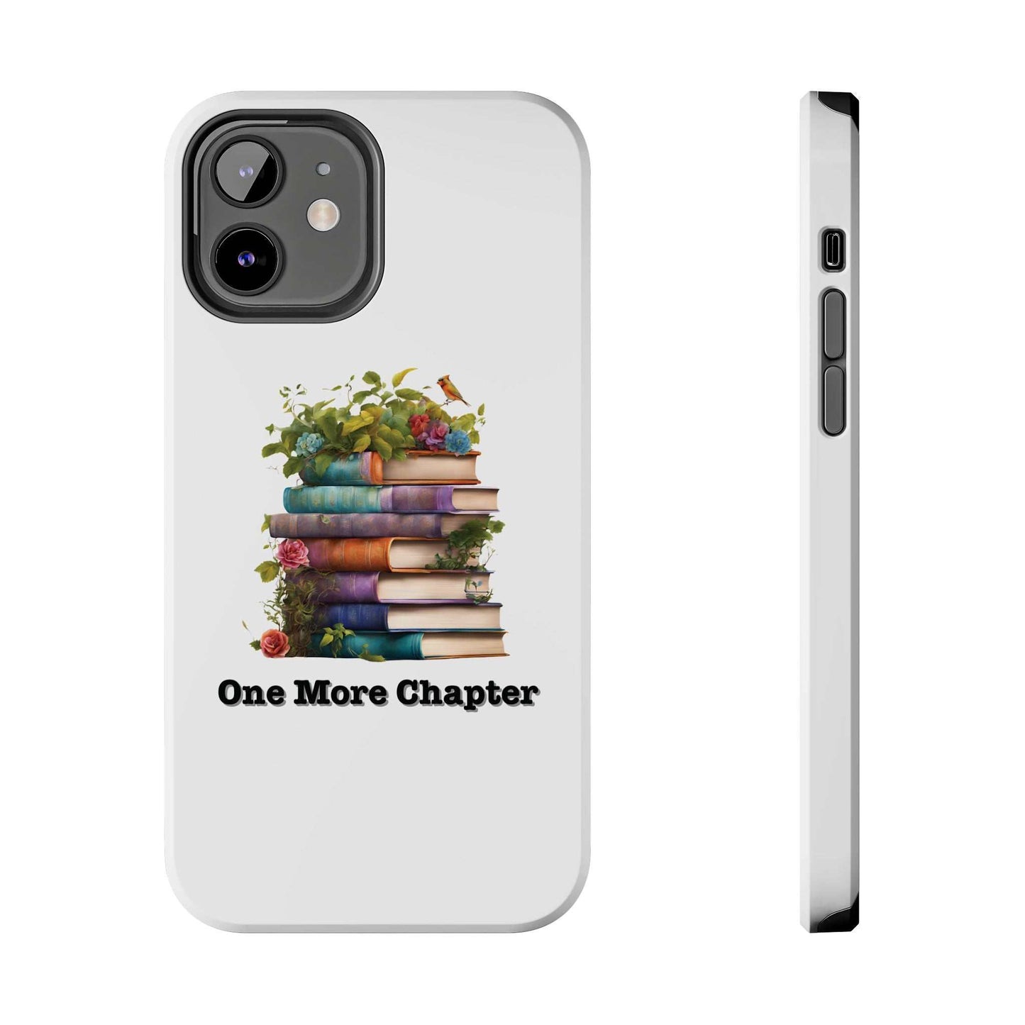 Phone case with book pile design and "One More Chapter" text, ideal for book lovers and protection.