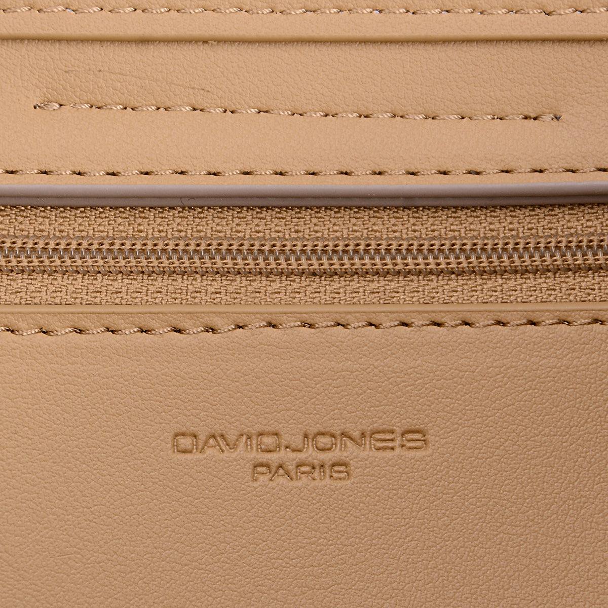 Close-up of a David Jones PU Leather Handbag showing zip detail and logo.