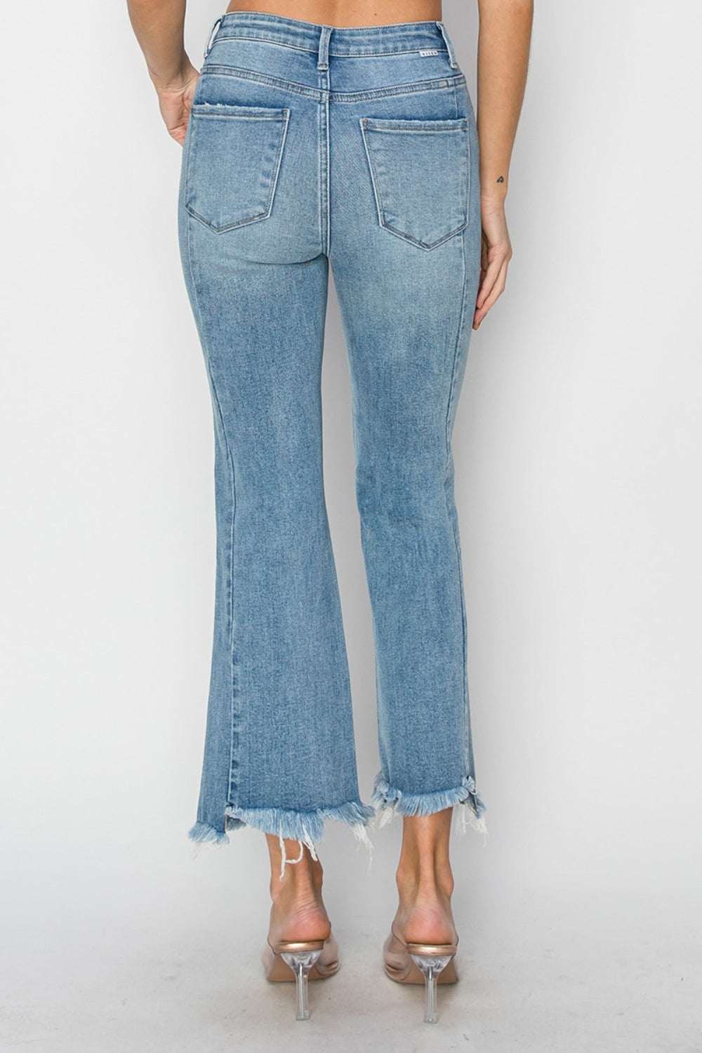 RISEN Full Size High Rise Frayed Hem Flare Jeans with trendy bohemian style.