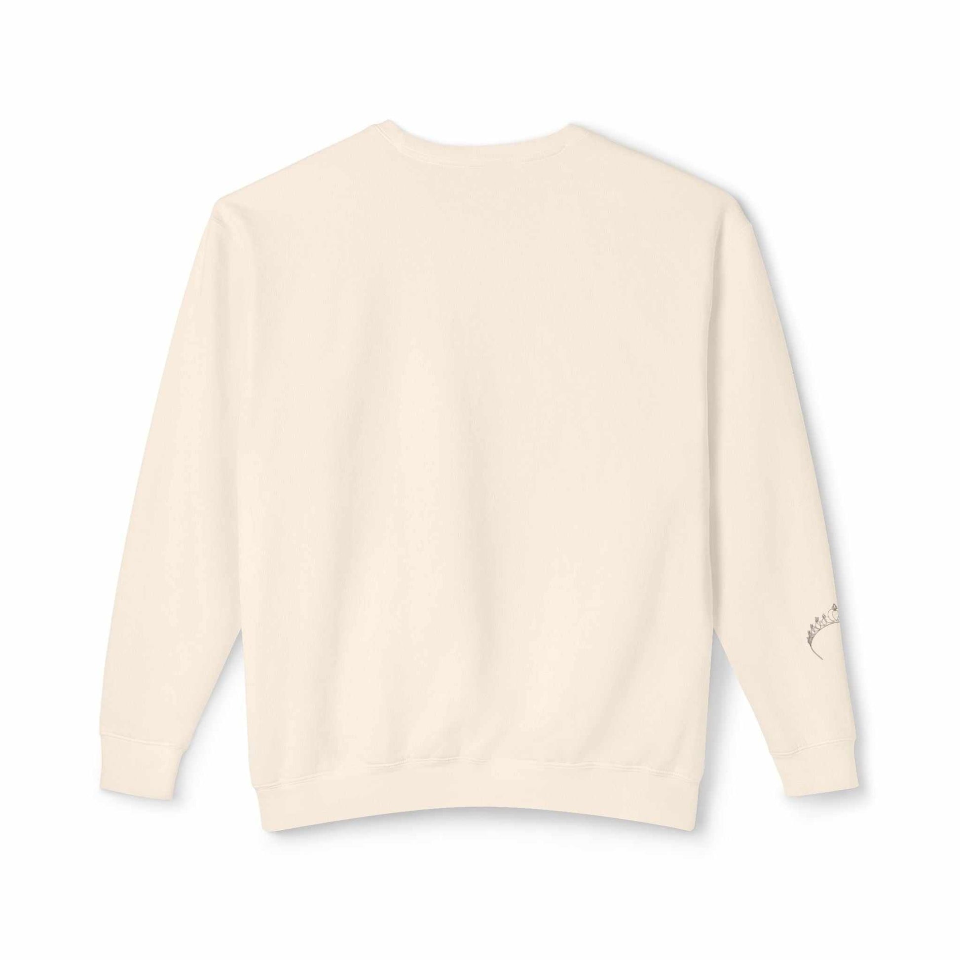 Beige Queens Mystery Sweatshirt with lightweight, relaxed fit.