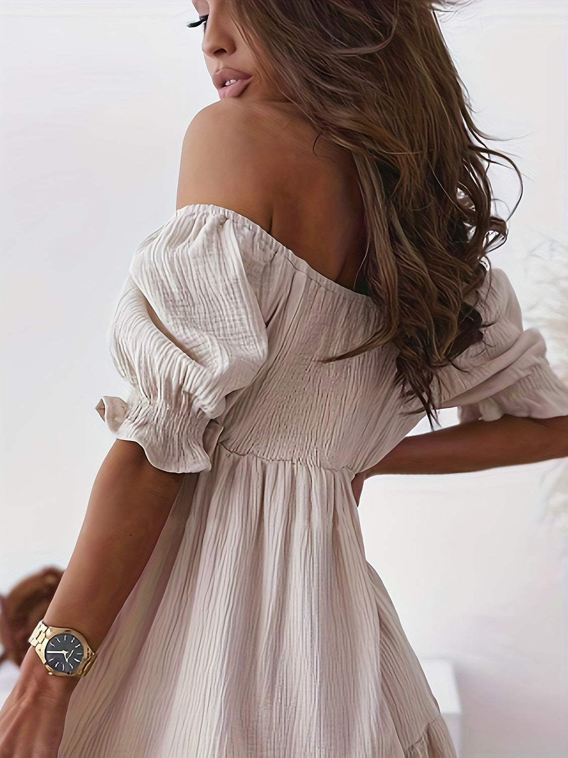 Full size ruffled off-shoulder short sleeve dress, ruched and slightly stretchy, in polyester-cotton blend.