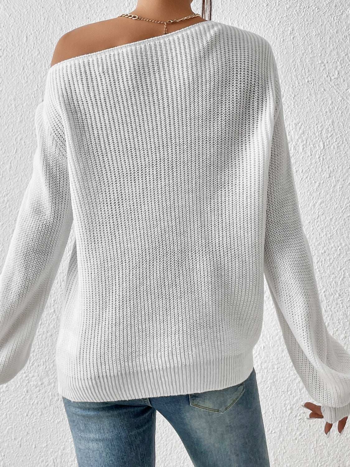 Honey Single Shoulder Long Sleeve Sweater White