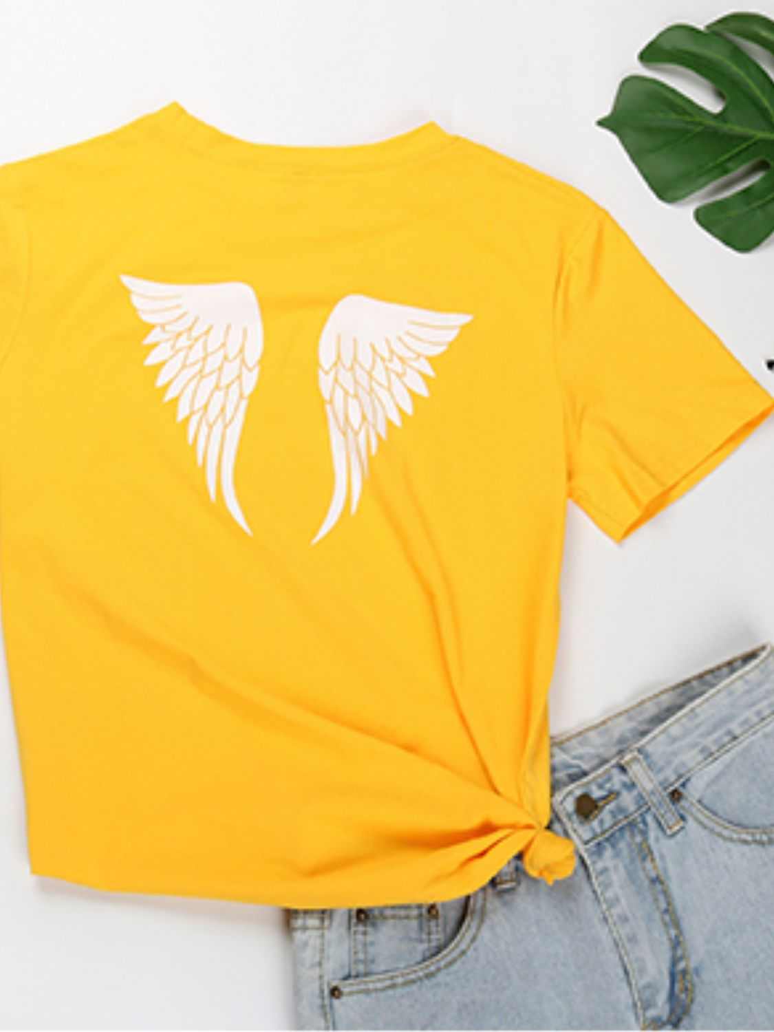 Perfee ANGEL Round Neck Short Sleeve T-Shirt, yellow, angel wing print, cotton blend.