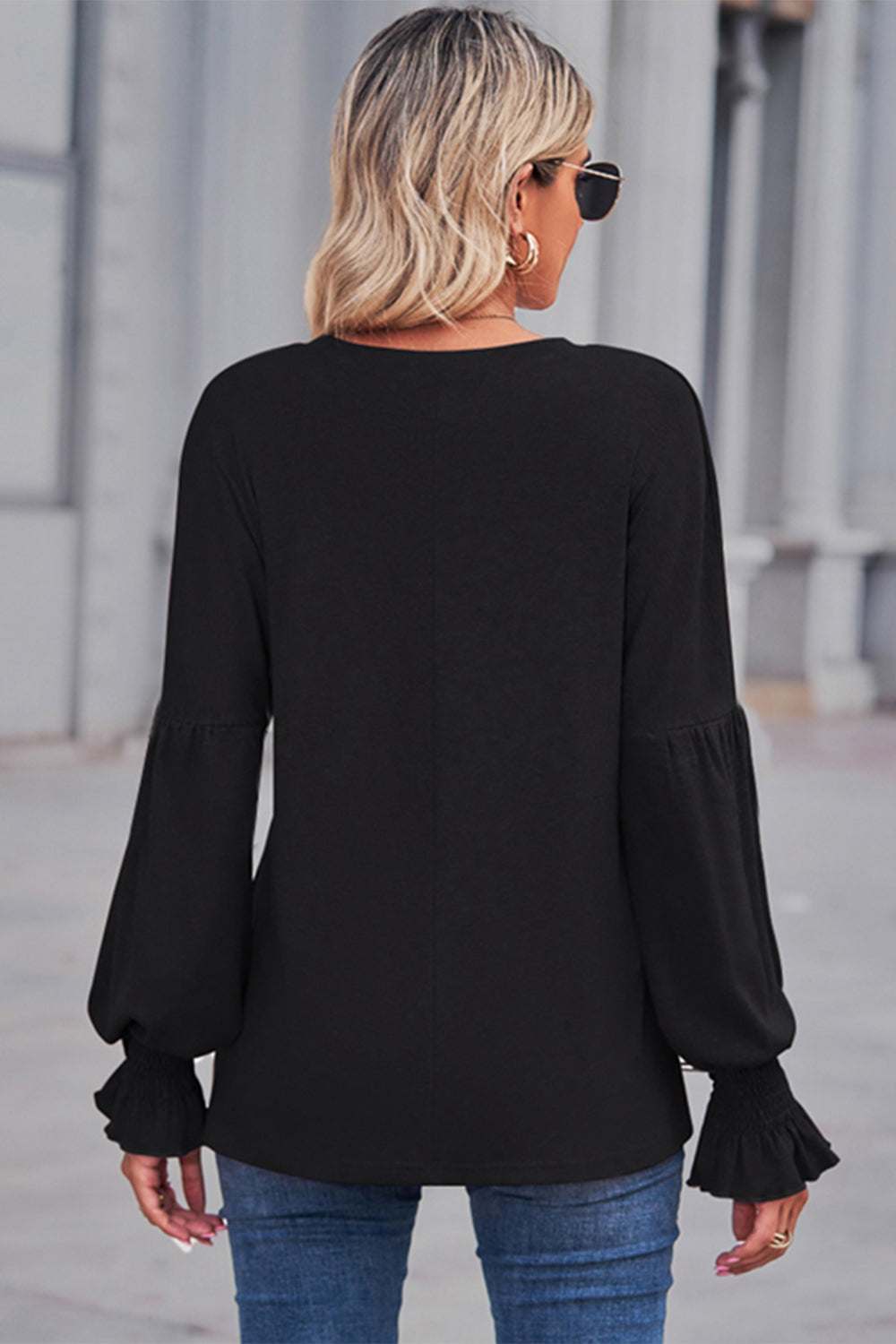 Round Neck Flounce Sleeve Blouse