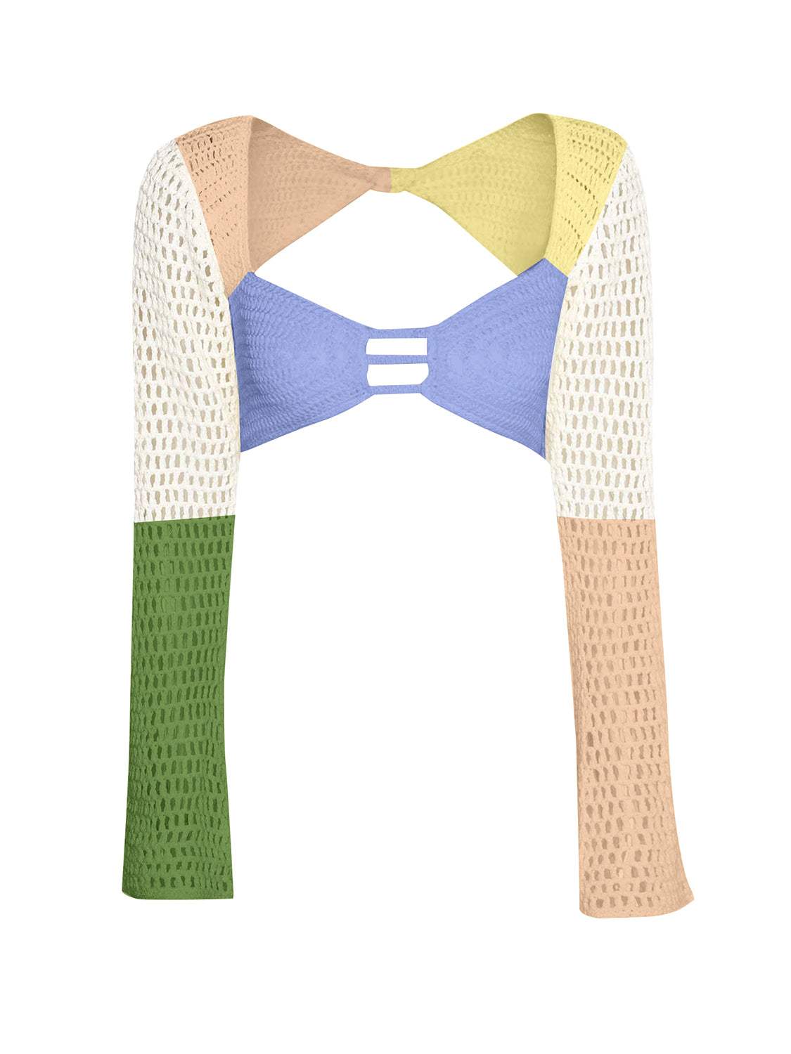 Tied long sleeve openwork top in multi-color, part of two-piece skirt cover-up set.