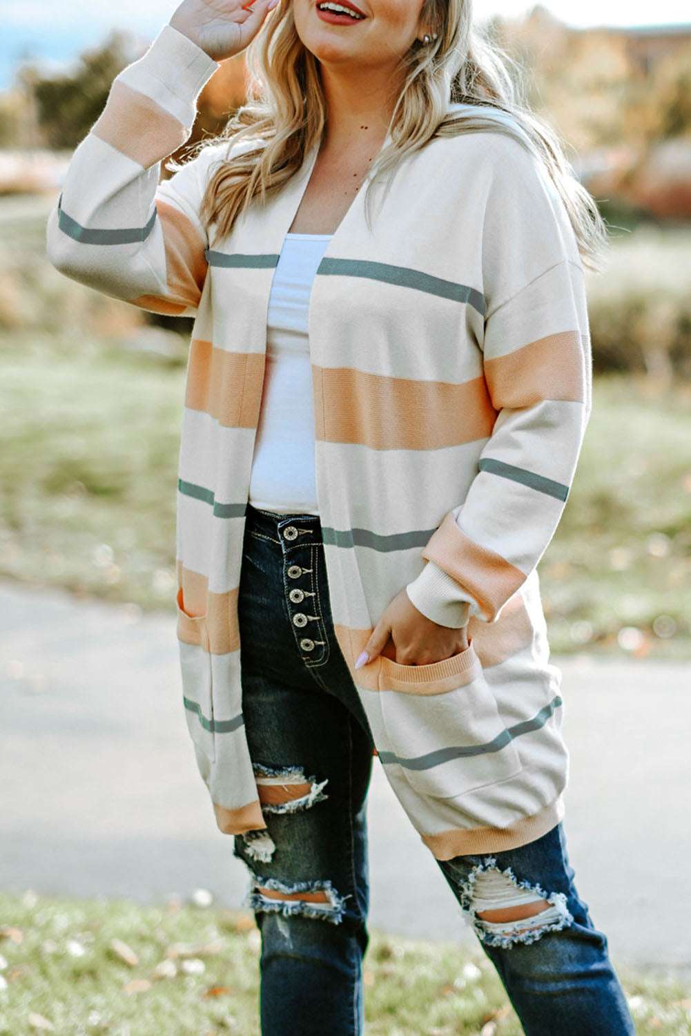 Plus Size Striped Open Front Cardigan Beige