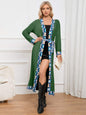 Floral tie front long sleeve robe, green with contrasting floral trim, opaque, slightly stretchy, polyester blend.