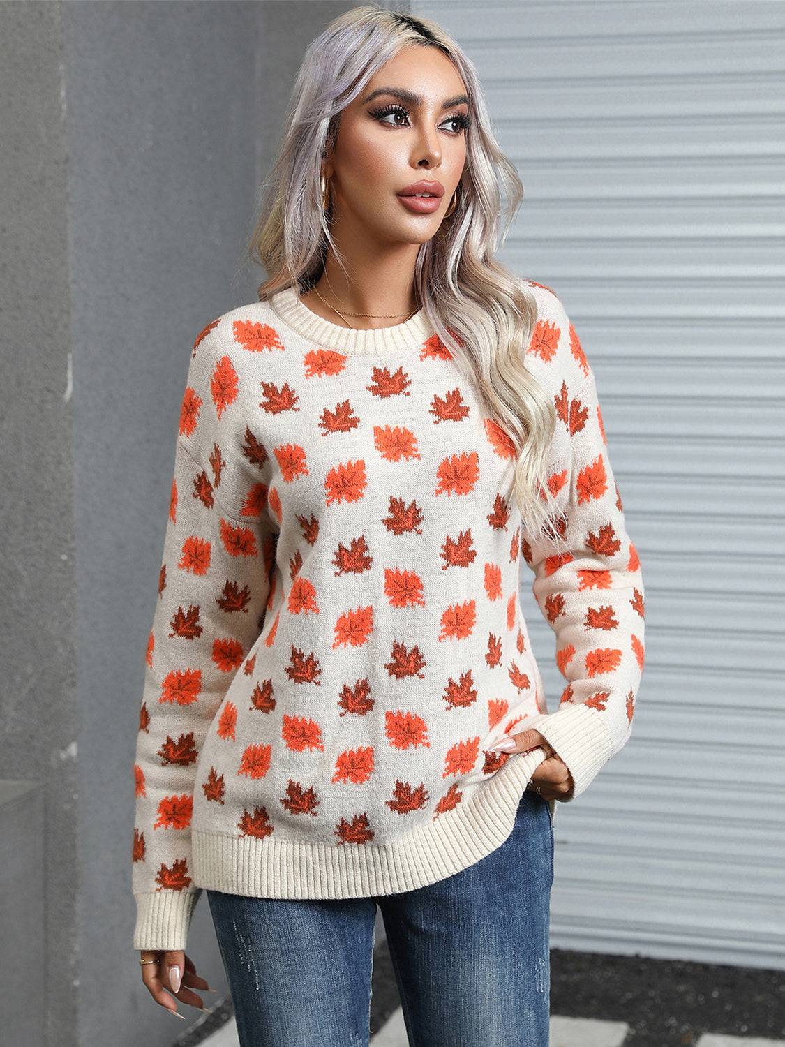 Angel Wings Maple Leaf Round Neck Long Sleeve Sweater White