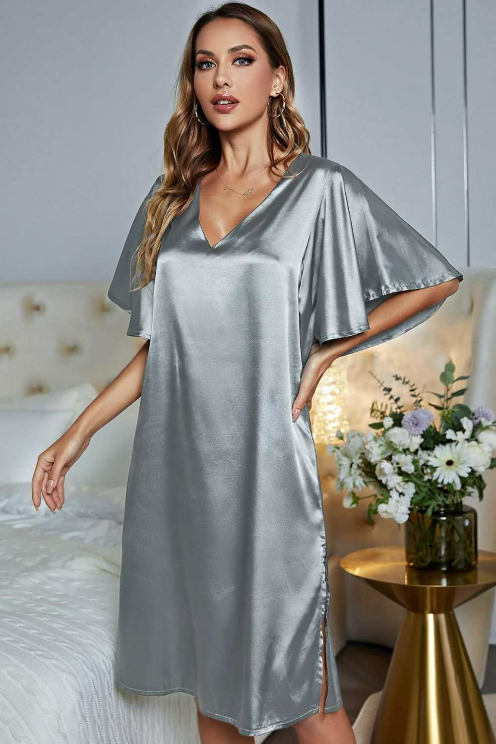 Satin flutter sleeve v-neck night dress with side slit in grey.