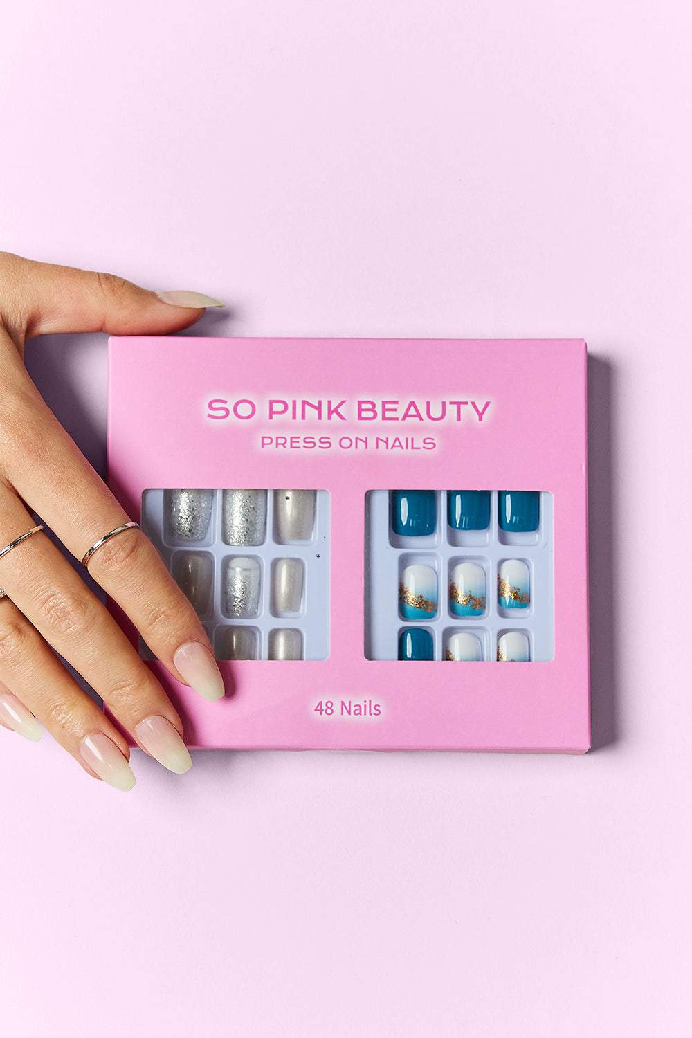 SO PINK BEAUTY Press On Nails 2 Packs, 48-piece set with diverse designs, includes glue, easy application.