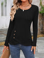 Decorative Button Round Neck Long Sleeve T-Shirt Black