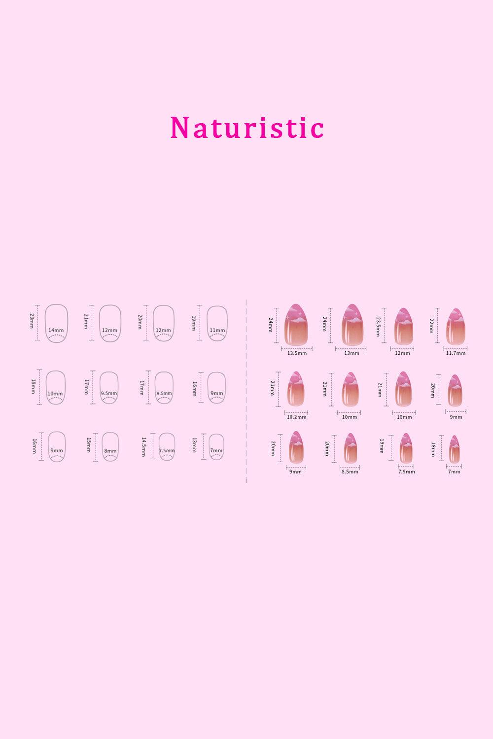 Sizing chart for So Pink Beauty Press-On Nails showcasing various nail shapes and sizes in pink.