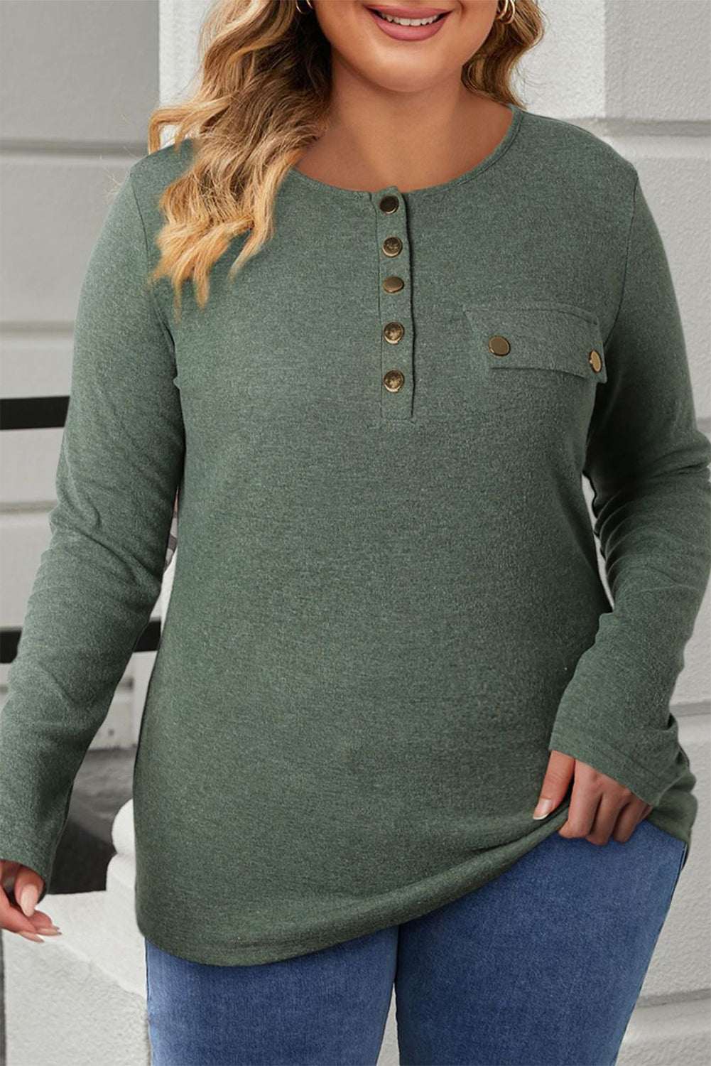 Plus Size Half Snap Long Sleeve T-Shirt Sage