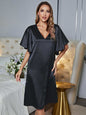 Chic V-neck flutter sleeve night dress, solid color, short sleeves, polyester fabric.