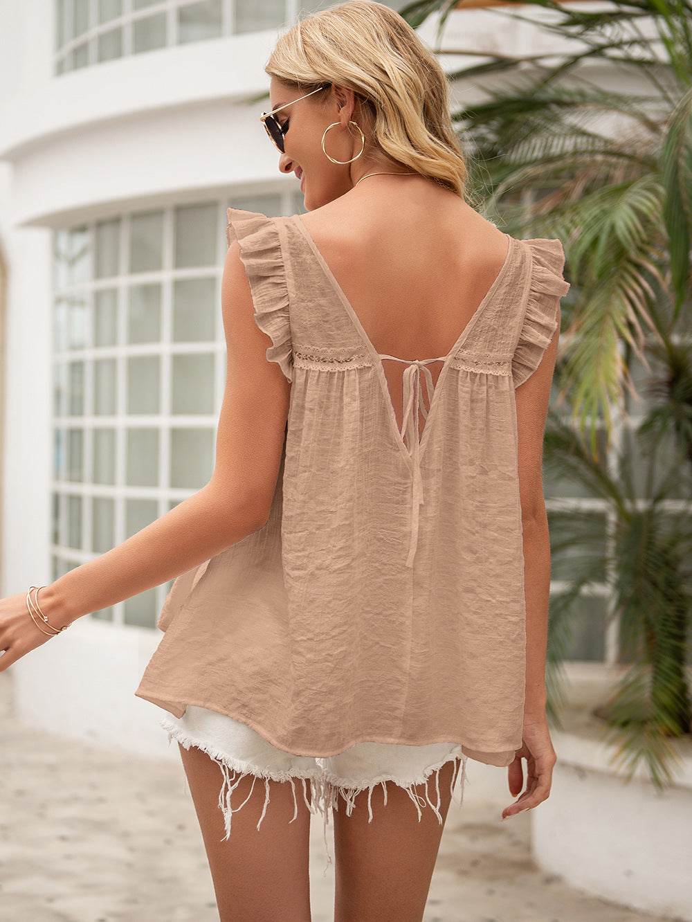 Ivy Lane Tie Back V-Neck Ruffled Blouse