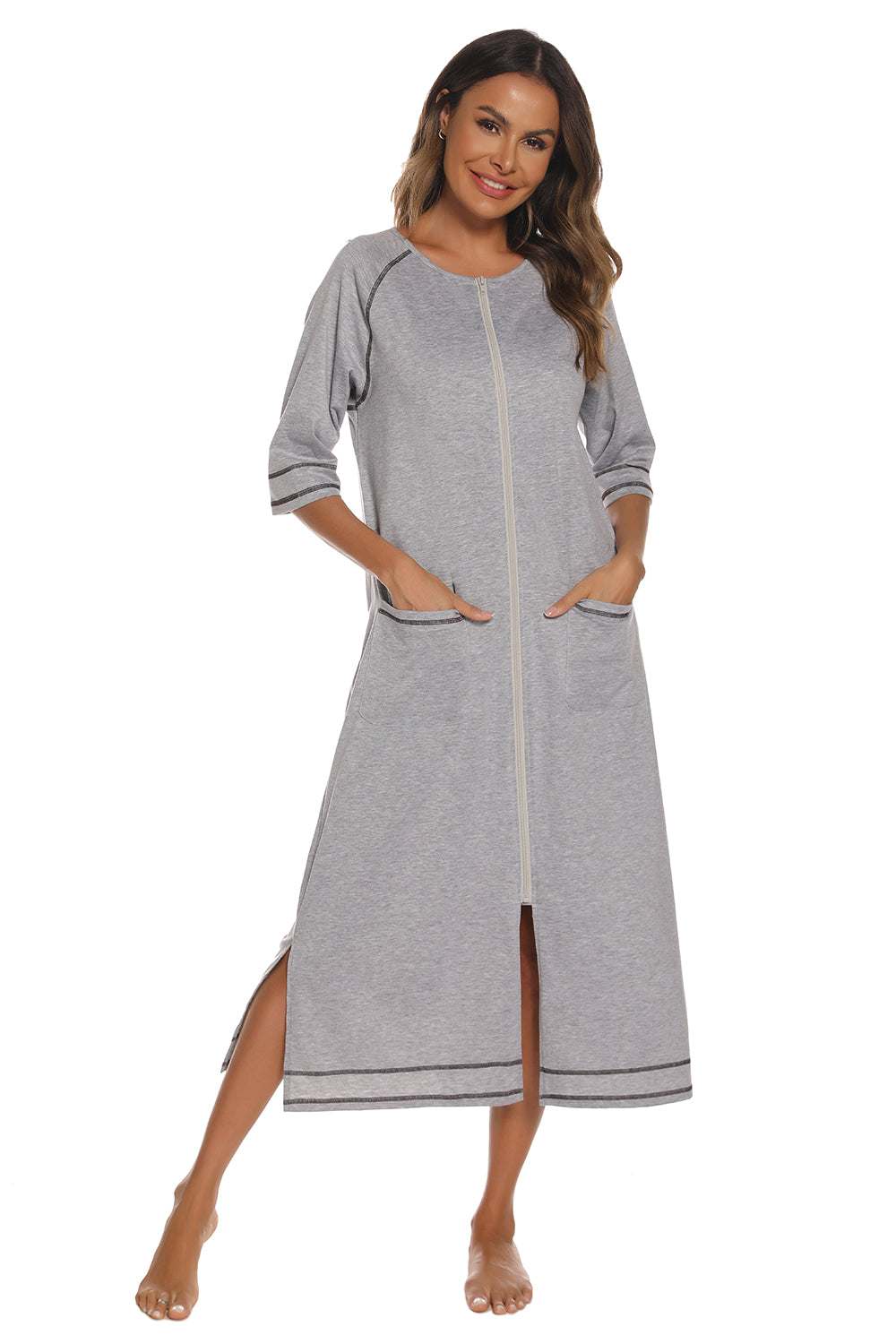 Zip Up Slit Round Neck Night Dress with Pockets in gray, features slit and pockets, made of cotton blend.