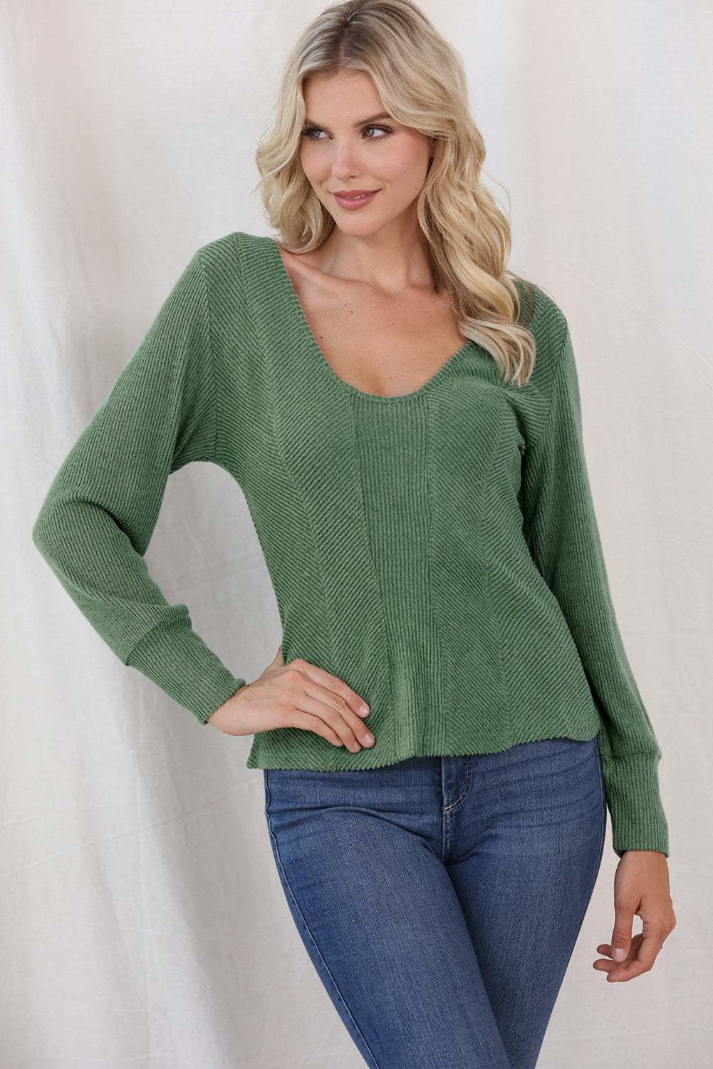 Scoop Neck Long Sleeve Top Matcha Green