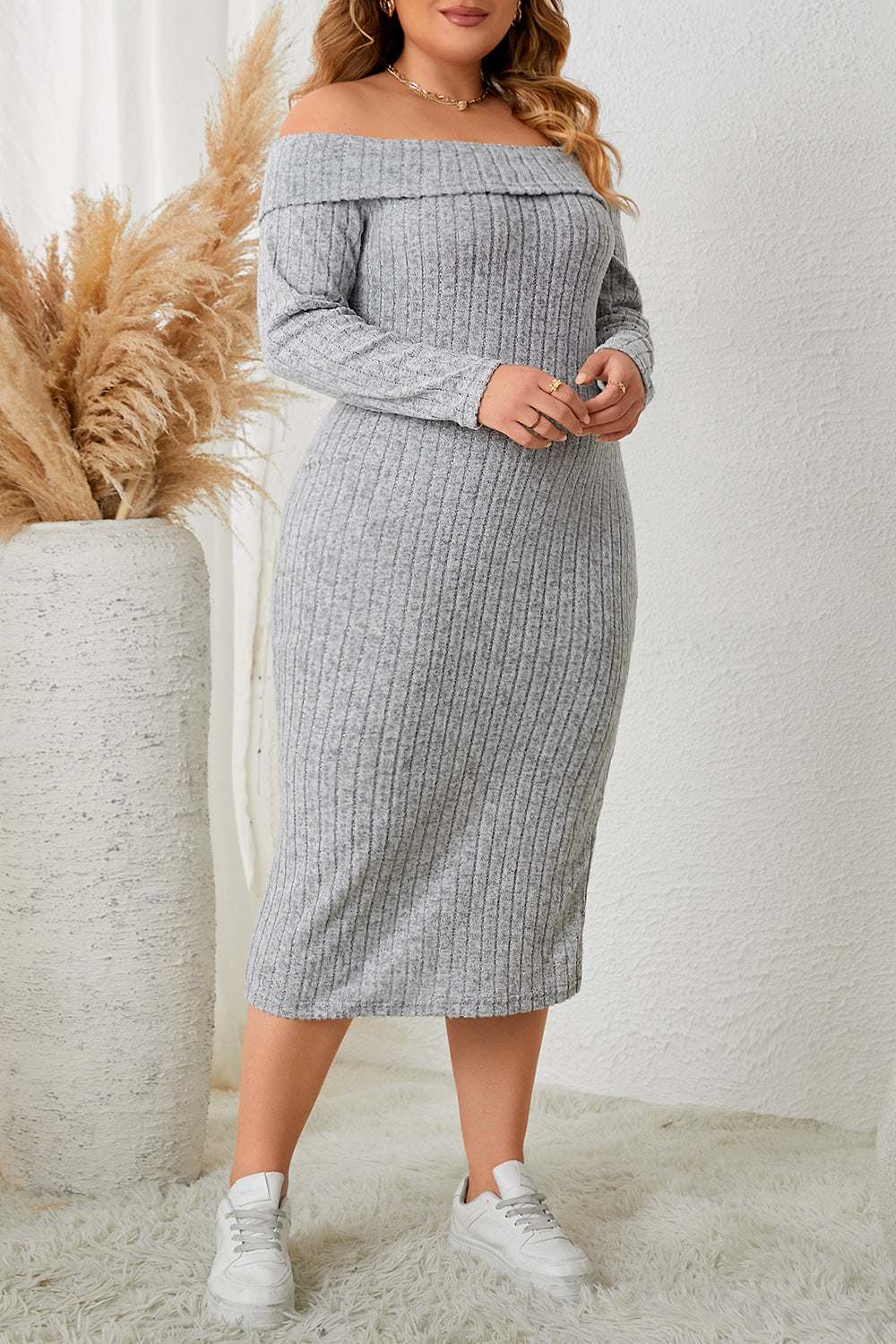 Plus size square neck long sleeve slit dress in gray with slightly stretchy material.