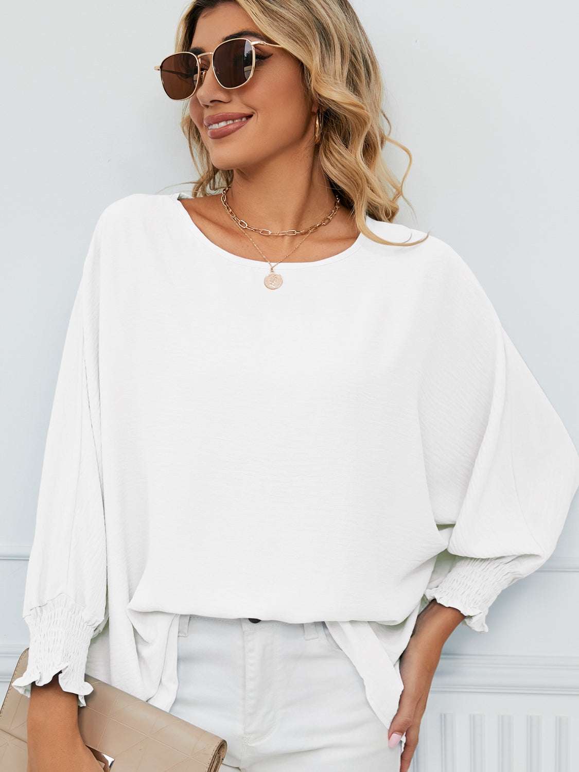 Smocked Lantern Sleeve Round Neck Blouse