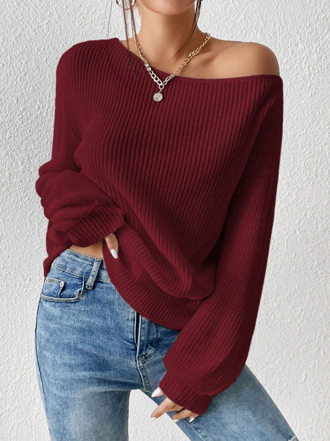 Honey Single Shoulder Long Sleeve Sweater Burgundy 