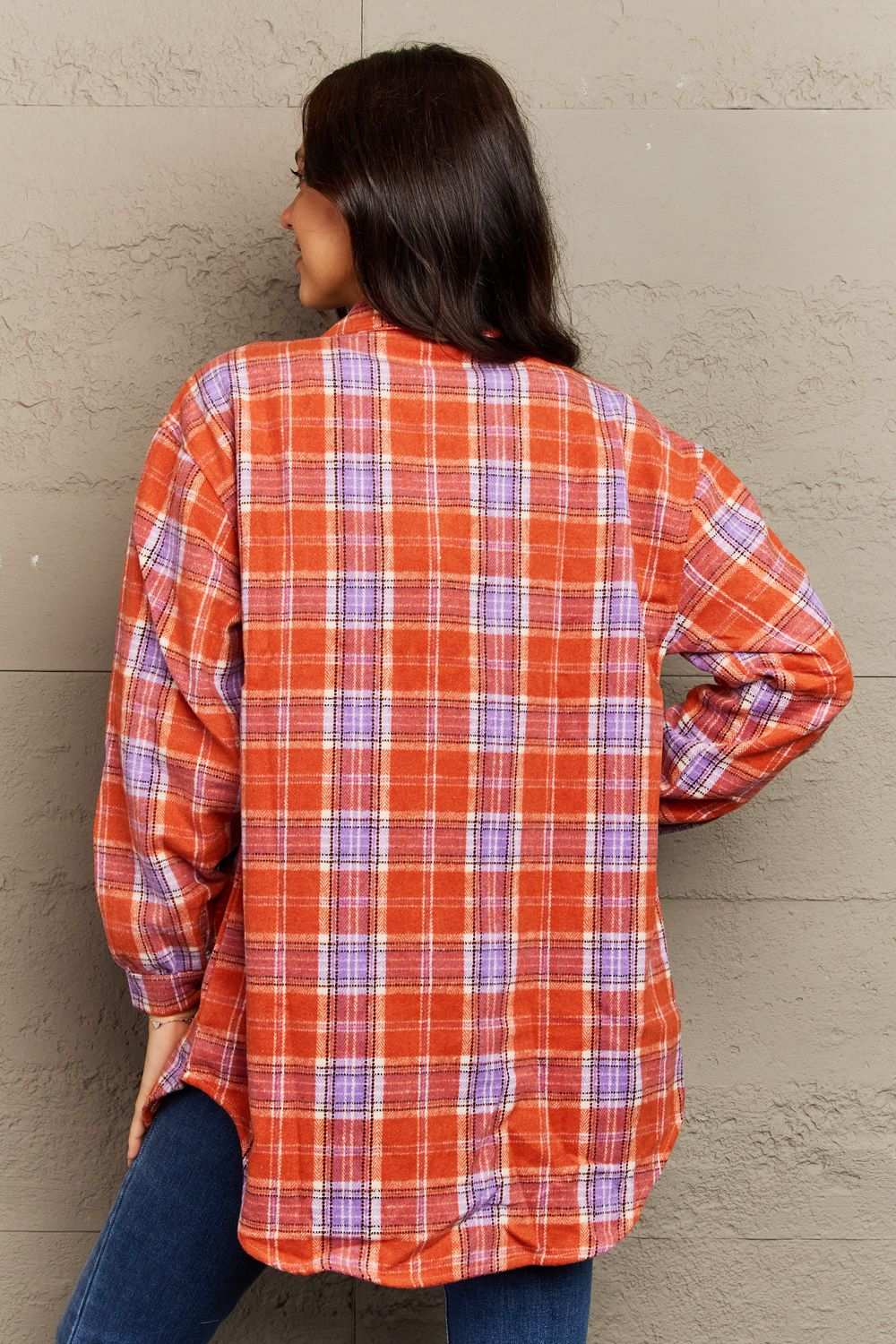 Ninexis Full Size Plaid Collared Neck Button-Down Long Sleeve Jacket Coral