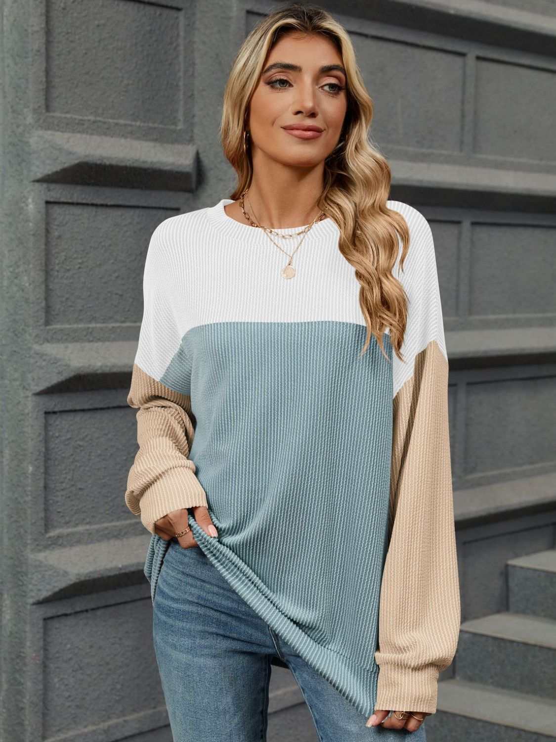 Double Take Contrast Round Neck Long Sleeve T-Shirt Light Blue