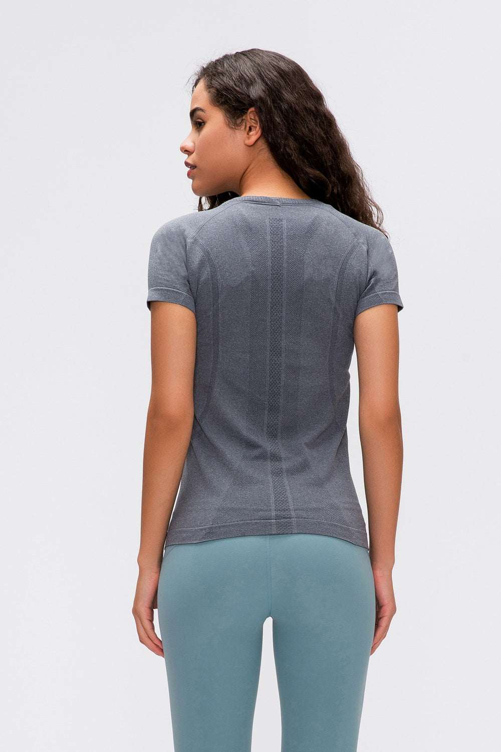 Millennia Round Neck Short Sleeve Active T-Shirt in gray, slightly stretchy nylon fabric.