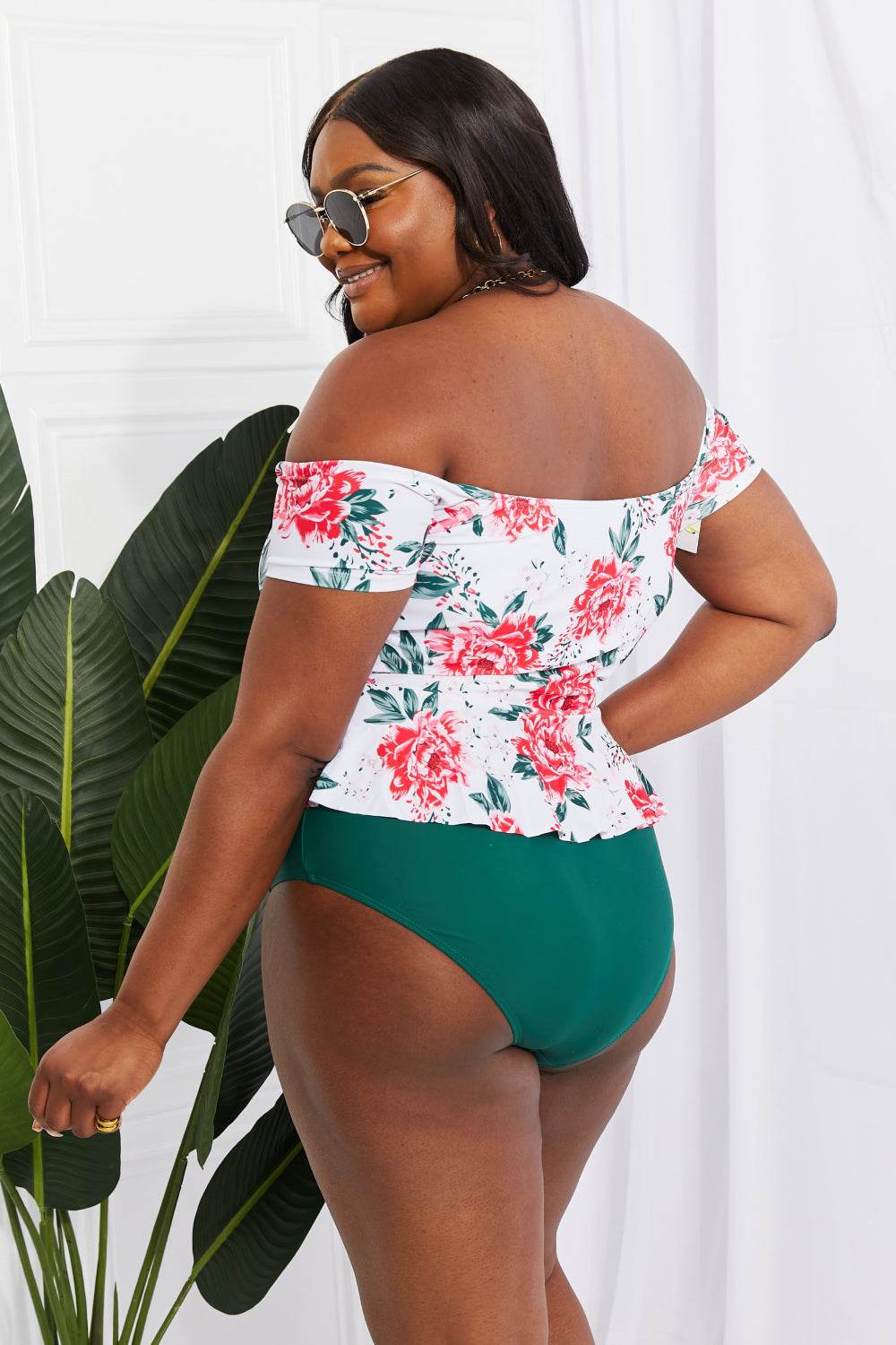 Marina West Swim Coastal Cutie off-shoulder floral tankini set with high-waisted bottoms.