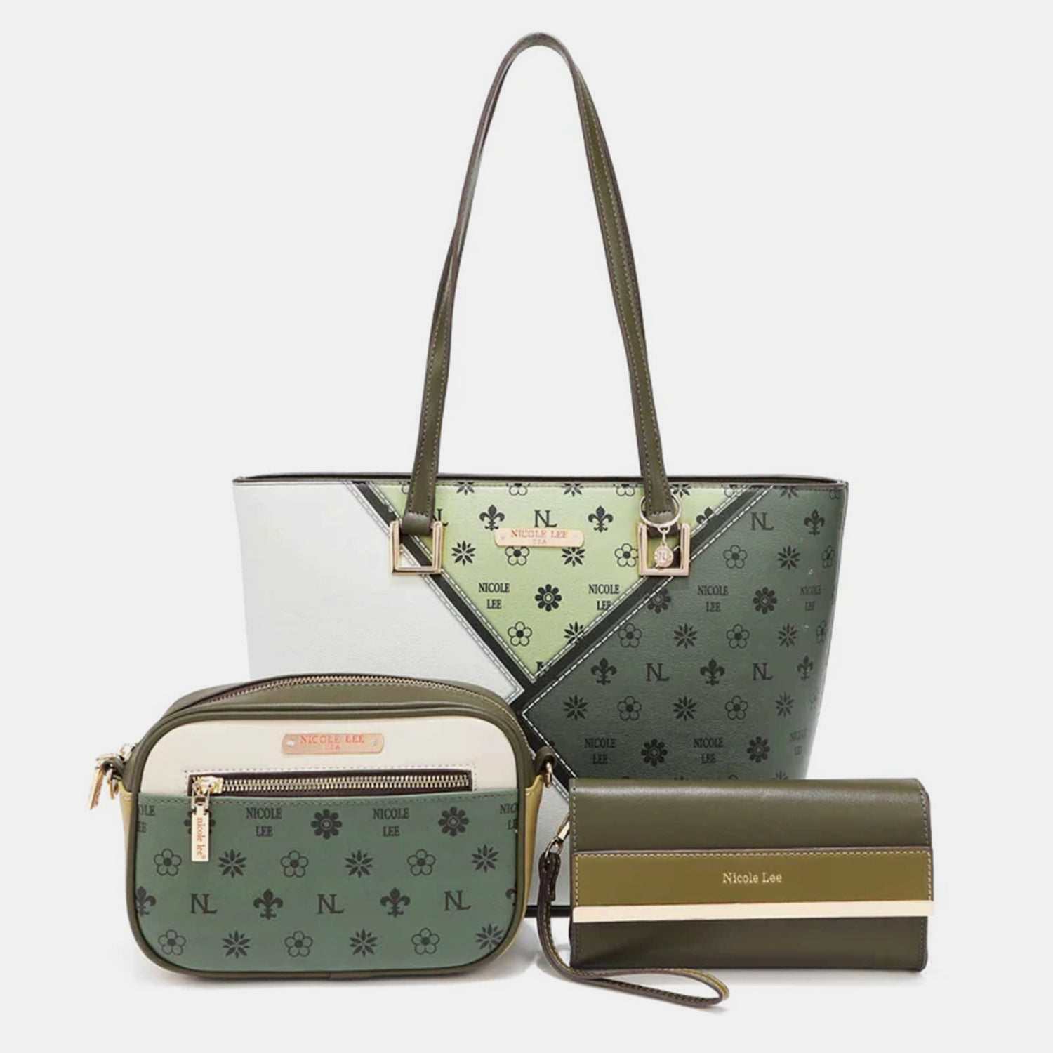 Nicole Lee USA 3-Piece Color Block Handbag Set with large shopper, mini crossbody, and clutch in green and white.