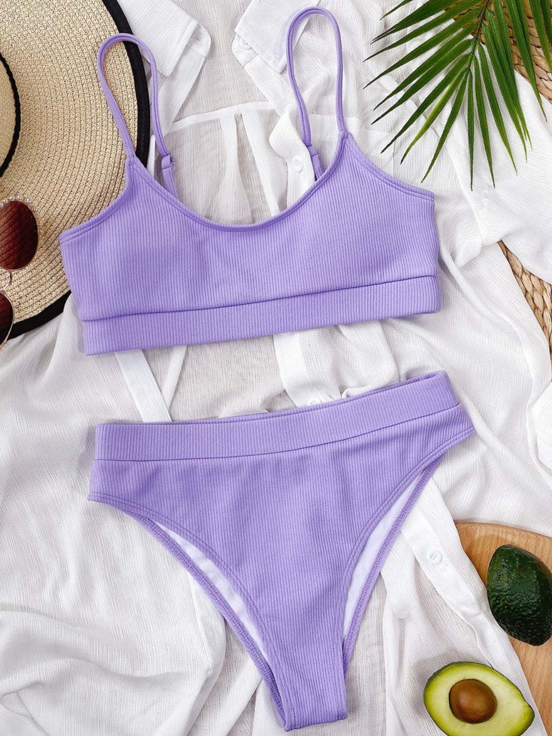 Scoop neck spaghetti strap two-piece swim set in purple with removable padding, no underwire, made of polyester and spandex.